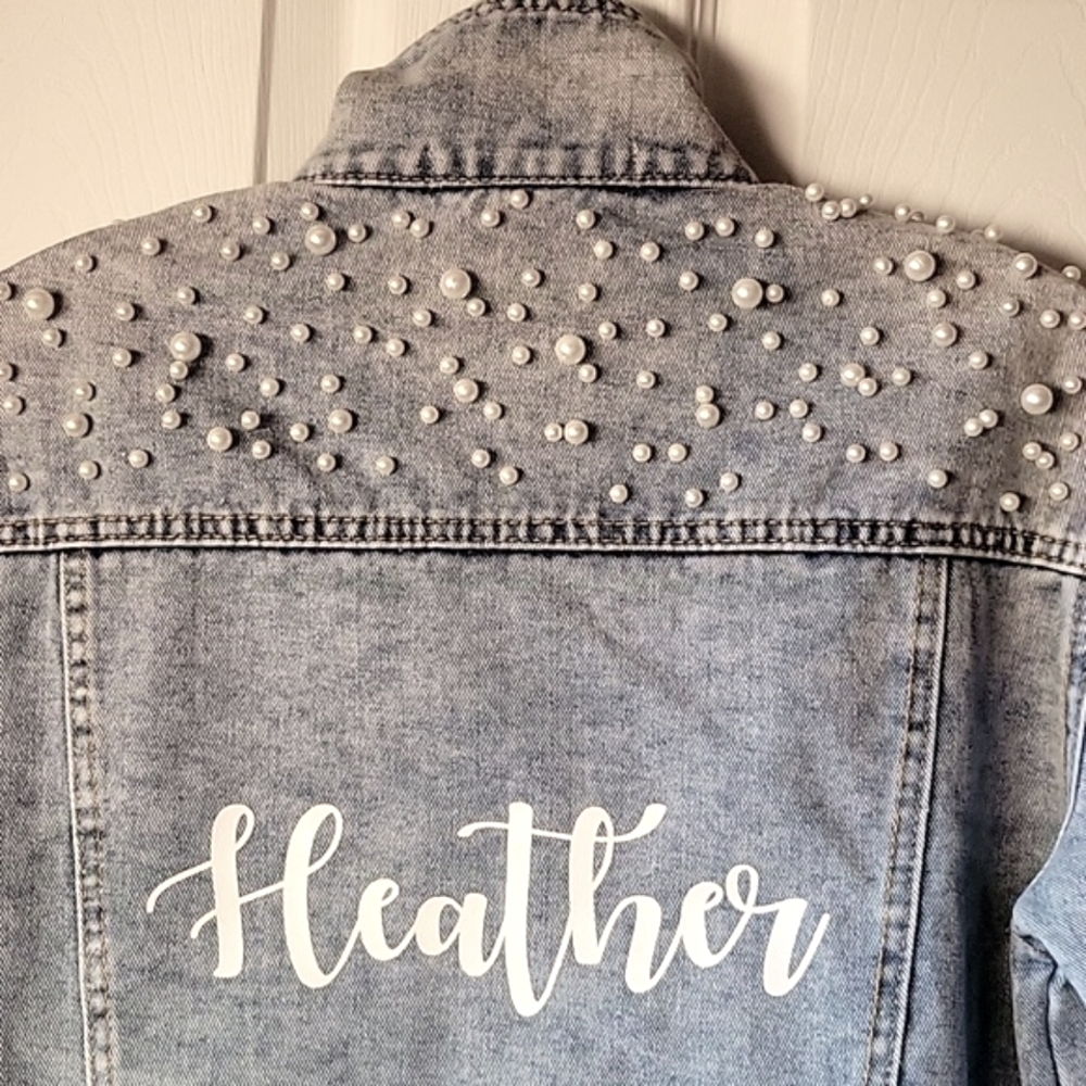 Monicustom Pearl Embellished Blue Denim Jacket Heather on Back Small - Picture 5 of 8